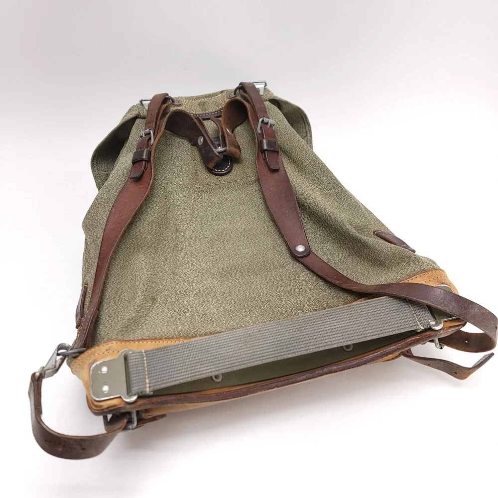 Vintage 1960 Swiss Military Salt and Pepper Canvas Leather Rucksack Backpack